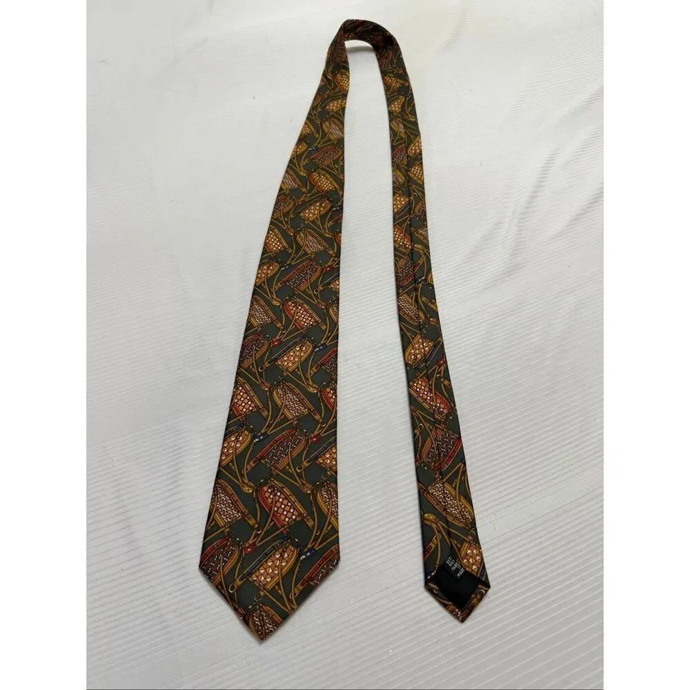 Longchamp Dark Green Equestrian Silk Necktie Tie